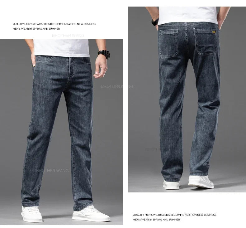 Spring Summer Thin Men's Classic Jeans Elastic Loose Straight Cotton Casual Denim Trousers Brand Clothing Business Male Pants