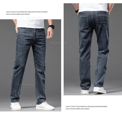 Spring Summer Thin Men's Classic Jeans Elastic Loose Straight Cotton Casual Denim Trousers Brand Clothing Business Male Pants