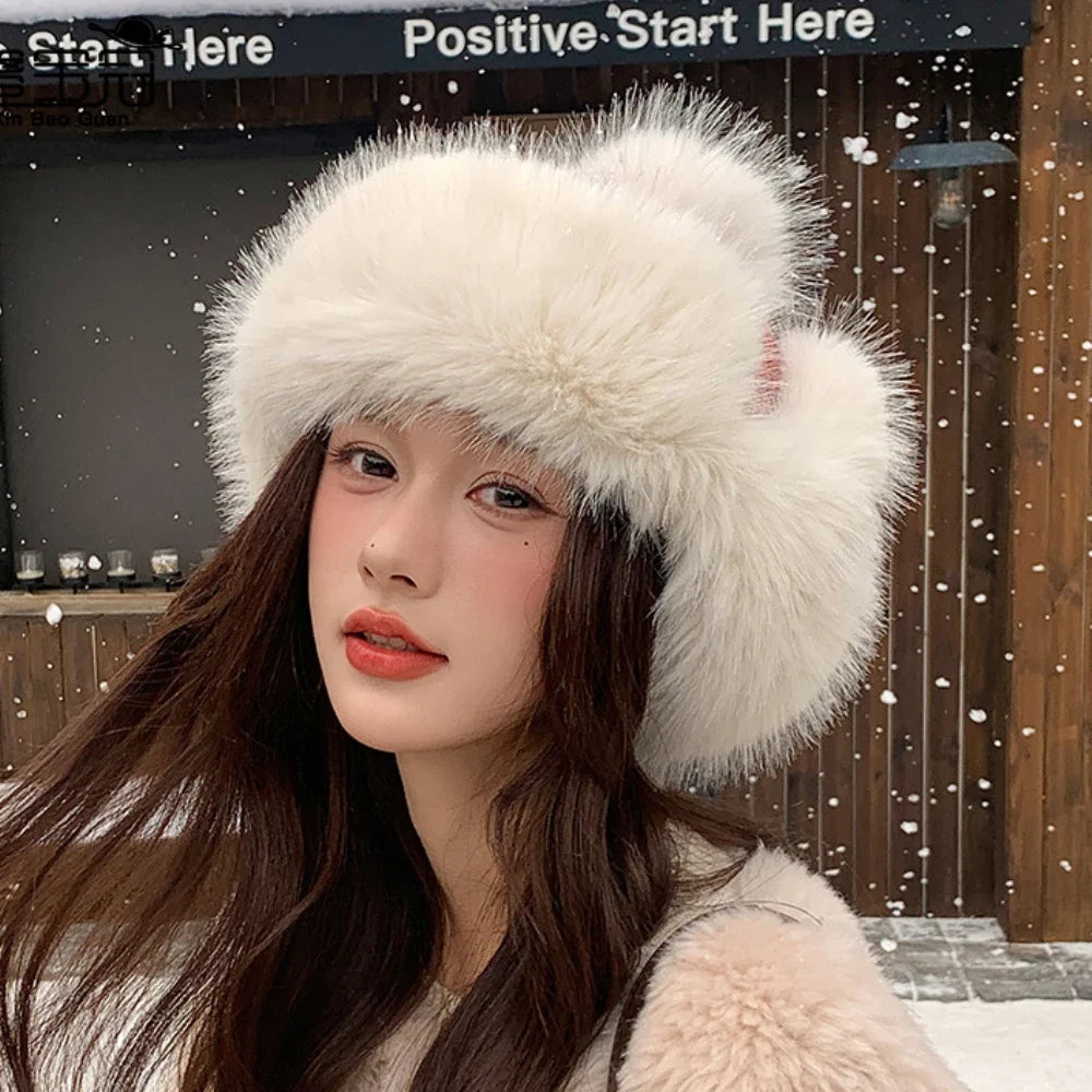 Russian Hat Ushanka Thick Warm Fluffy Fur Hat Women Snow Ski Earflap Cap Female Knitted Hat Skullies Beanies Bomber Hats