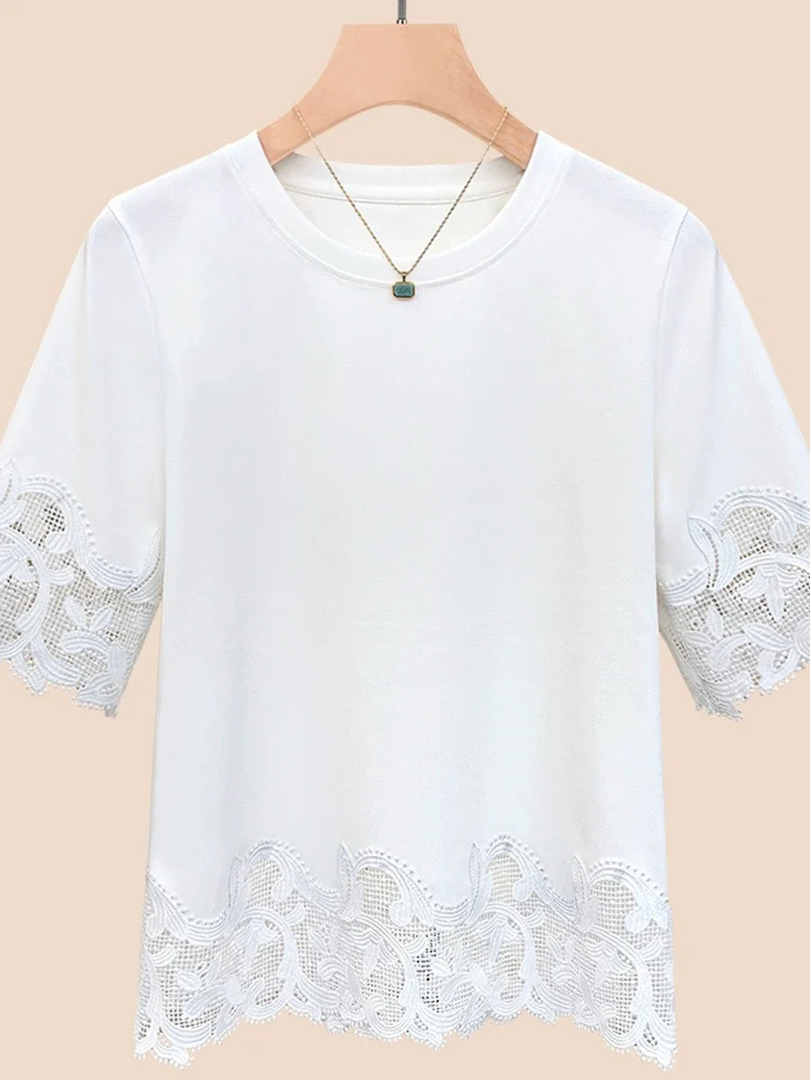 Women's Lace Trim Round Neck Short Sleeve T-Shirt 2025 Summer Slim Fit Casual Minimalist Solid Color Versatile Top