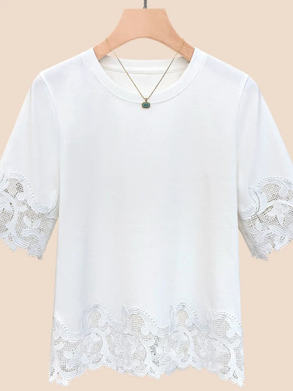 Women's Lace Trim Round Neck Short Sleeve T-Shirt 2025 Summer Slim Fit Casual Minimalist Solid Color Versatile Top
