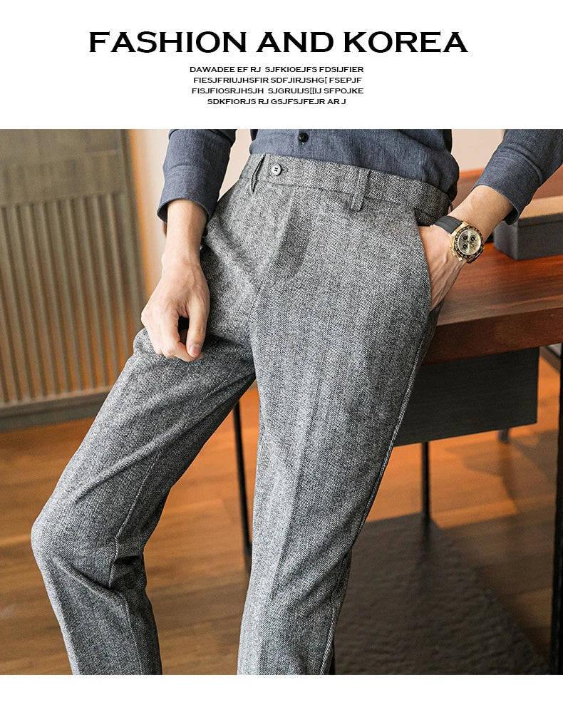 Woolen Dress Pants Formal Office Suit Pants Men Slim British Style Wool Business Black Gray Dress Trousers