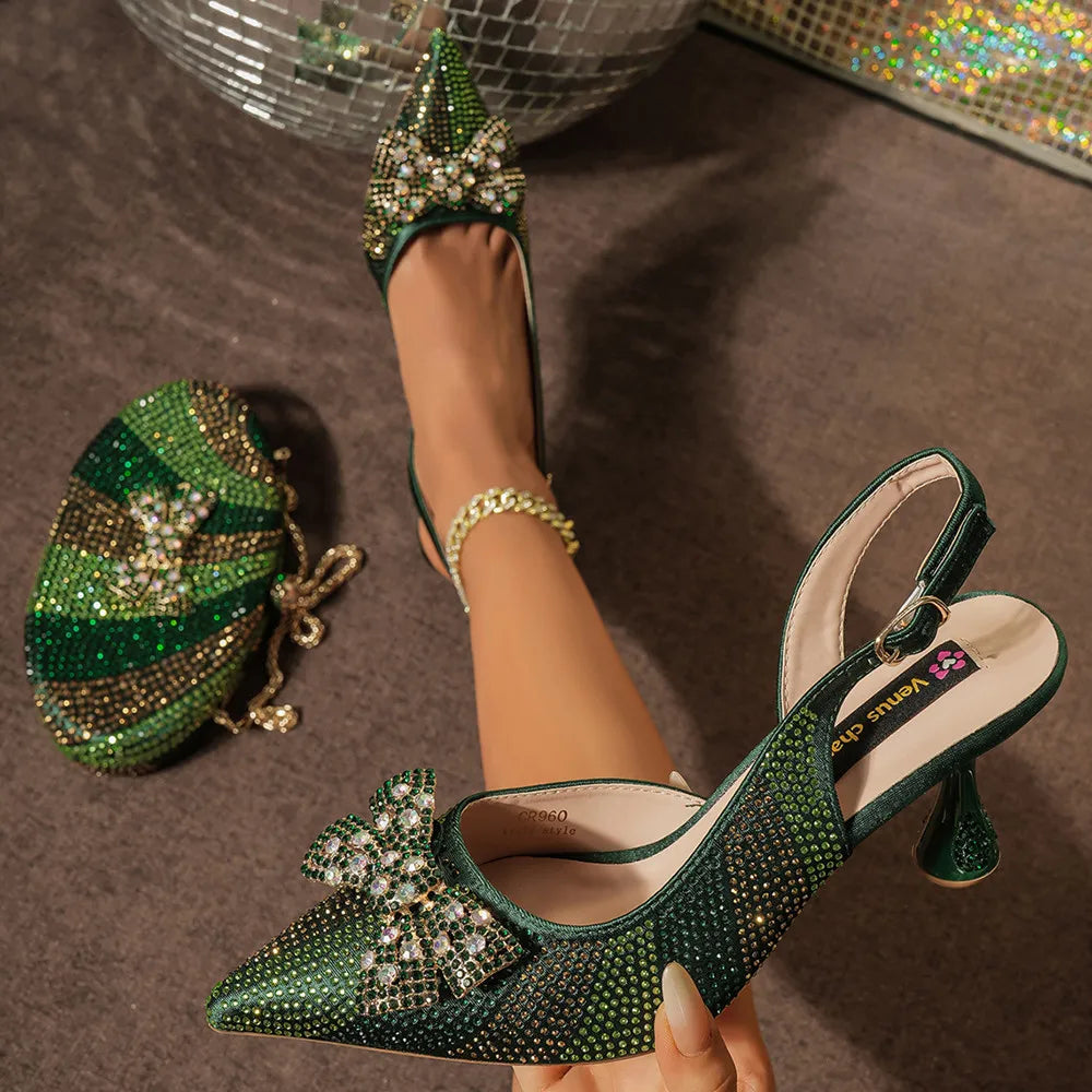 New Arrival Women's Elegant Black Shoes with Rhinestone-Embellished Diamond Heels & Matching Handbag – Perfect Fashion Set for