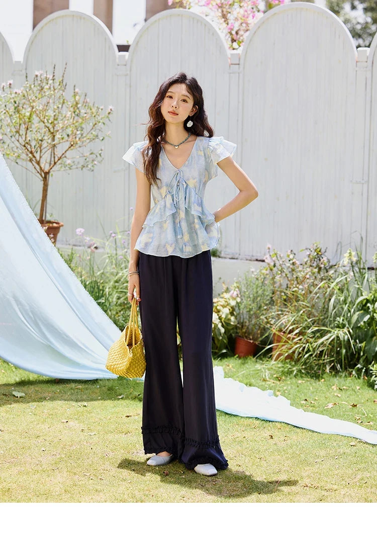 Blue Double-layer Ruffled Linen V-neck Blouse for Women Summer 2025 Slim Flying Sleeve Breathable Lace-up Tops MXE33X1819