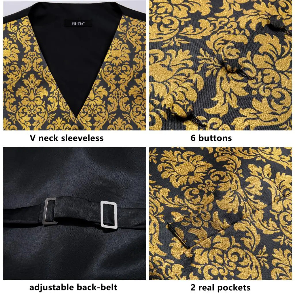 Vest for Men Gold Suit Vest Floral Waistcoat Summer Vest Tuxedo Paisley Tie Set Cufflinks for Wedding Business Hi-Tie WJ-0008