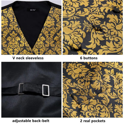 Vest for Men Gold Suit Vest Floral Waistcoat Summer Vest Tuxedo Paisley Tie Set Cufflinks for Wedding Business Hi-Tie WJ-0008