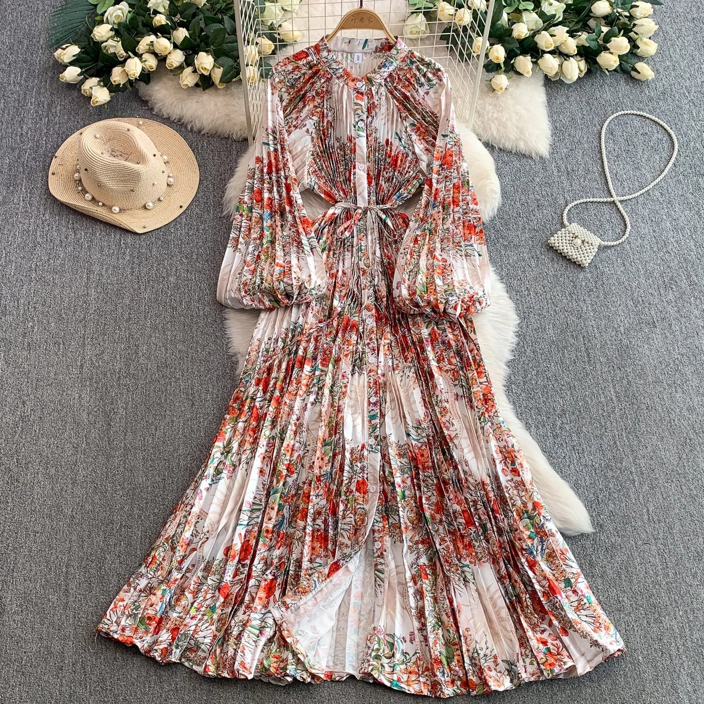 Ele Printed round Ne Lantern Sve Dr Women's Single Button Waist Cinch Maxi Skirt Long Dr Commute Sle Autumn