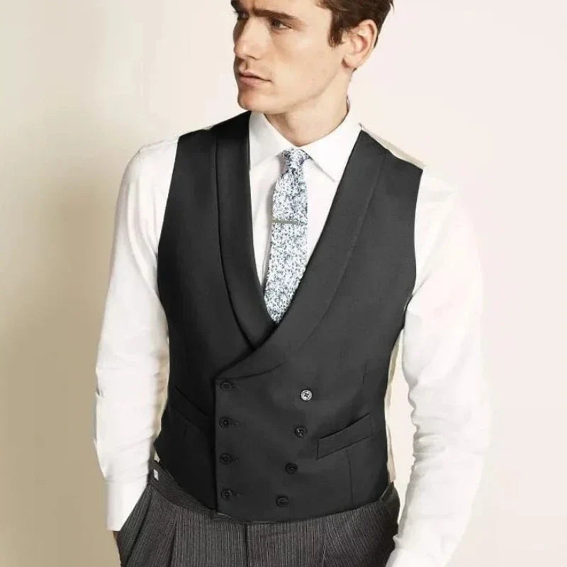 Men Vest Dark Gray Double Button With Lapel Gentleman Waistcoat For Business Regular Slim Wedding Banquet Men Suit Vest