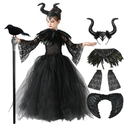 Halloween Maleficents Costume for Girls Evil Queen Dress Up Costumes Witch Devil Black Tulle Mesh Princess Dress Cosplay Clothes