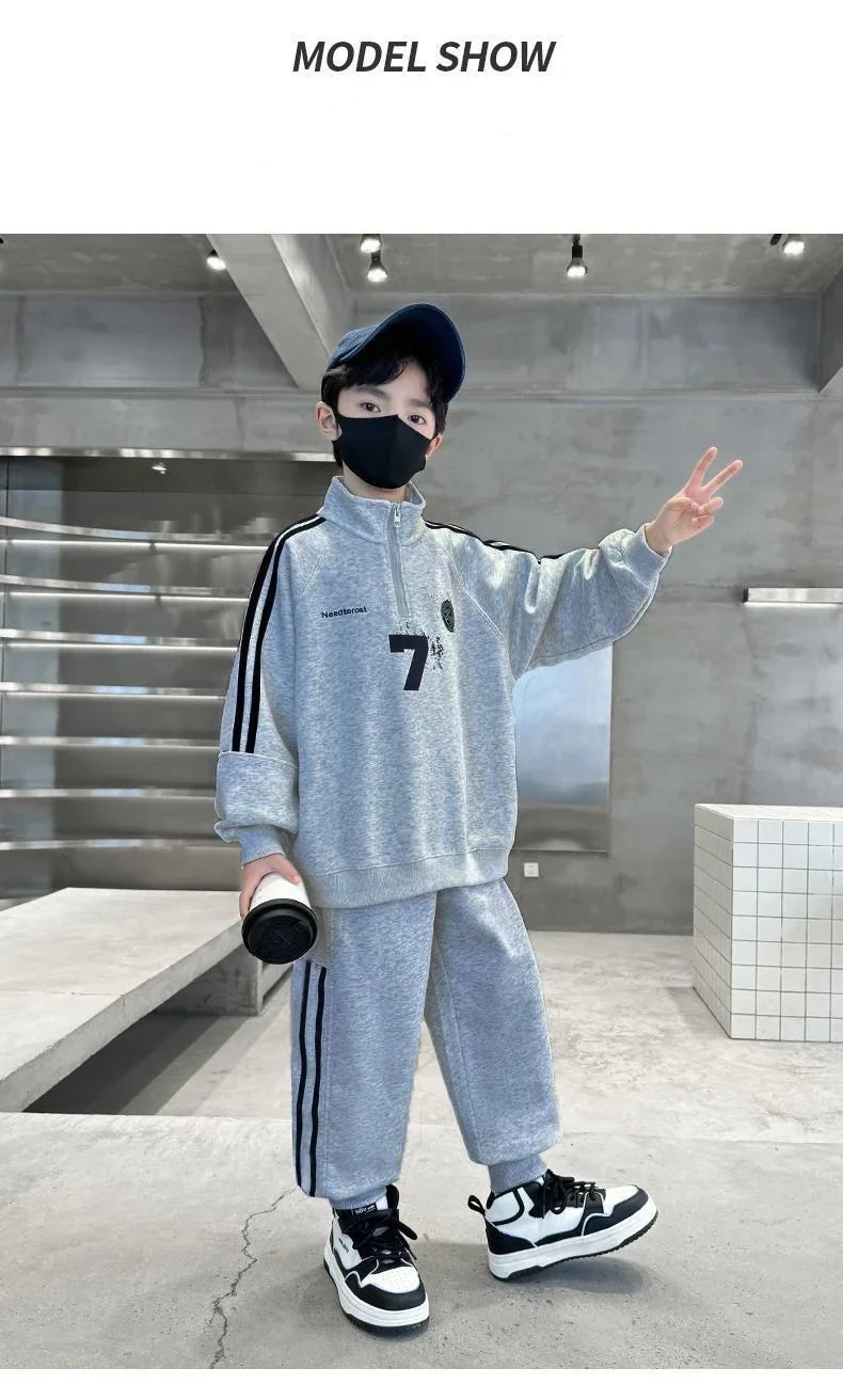 SpringAutumn Boys Cotton Half Zip Pullover Sweatshirt+Sweatpant Work Set School Kid 2PCS Tracksuit Children Jogger Outfit 5-16Yr