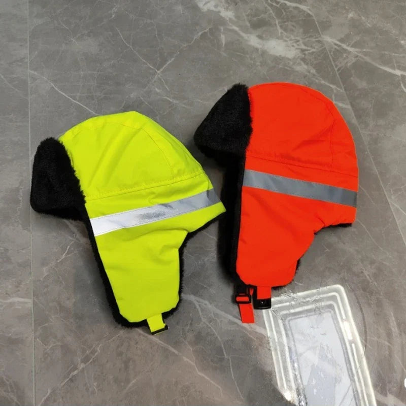 Men's Winter Trapper Aviator Earflap Warm Russian Waterproof Ski Hat Bomber Cap Safety Reflective Strip Protectors Hats