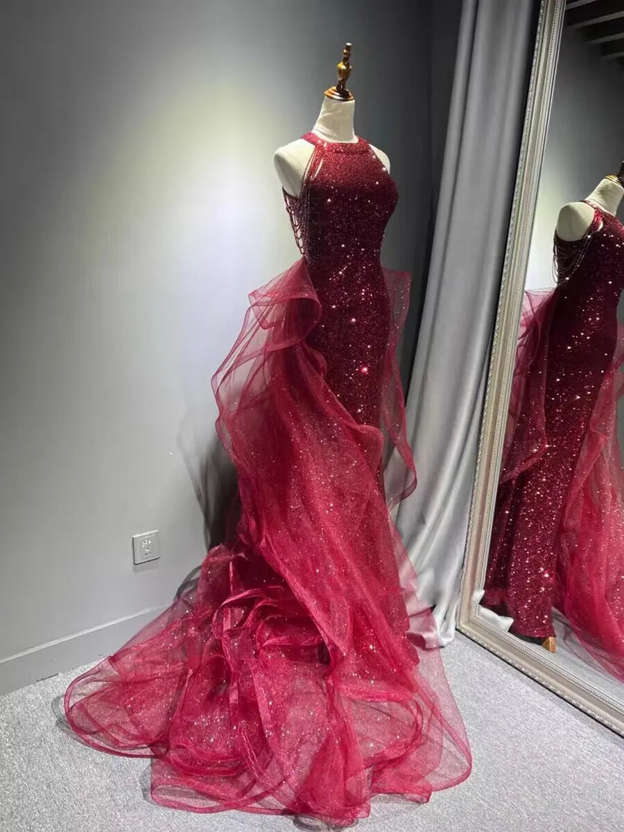 Elegant Sparking Navy Blue Evening Dresses Halt Beading Party Gown Customized Prom Dress 2025 Tiered robes de soirée Sweep Train