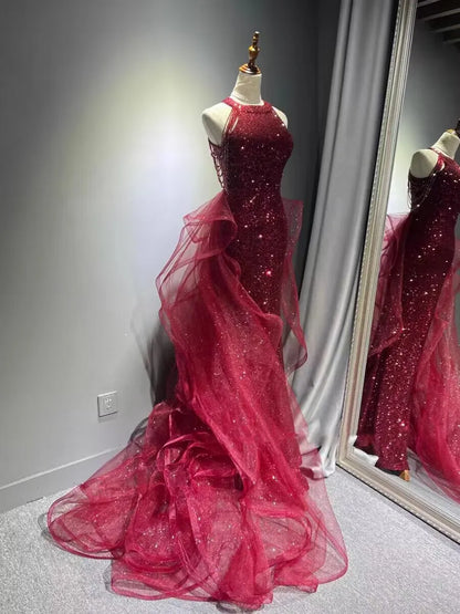 Elegant Sparking Navy Blue Evening Dresses Halt Beading Party Gown Customized Prom Dress 2025 Tiered robes de soirée Sweep Train