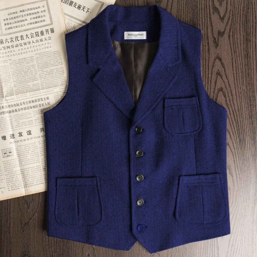 Men Vest Brown Herringbone Single Button With Lapel And Pocket Waistcoat For Wedding Banquet Business Casual Work Men Suit Vest