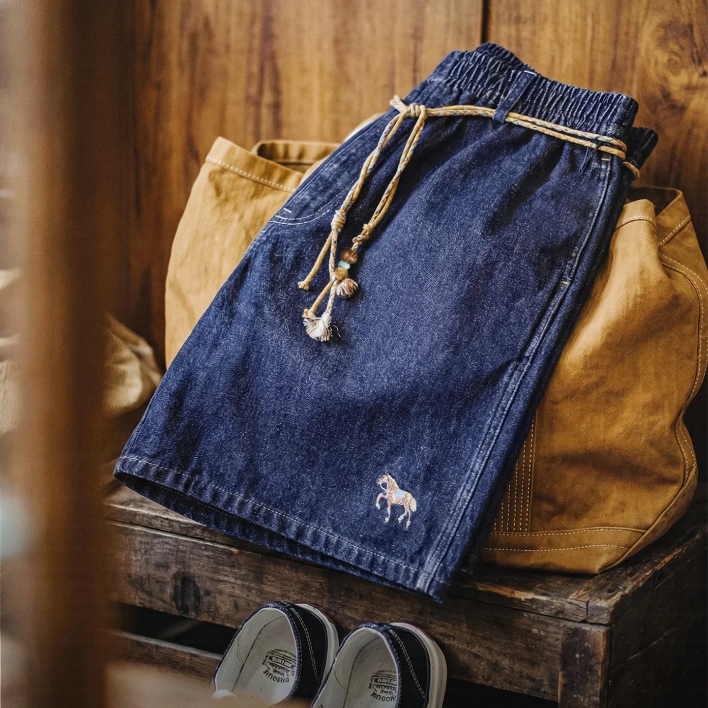Men's Washed Denim Blue Jean Shorts American Retro Workwear Embroidered Straight Five Inch Thin Casual Summer Bottoms
