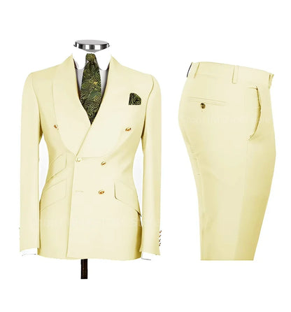 Smart Casual Solid 2 PCS Men Suits Formal Groom Tuxedos Shawl Lapel Double Breasted Jacket Pants Business/Wedding Suits Set