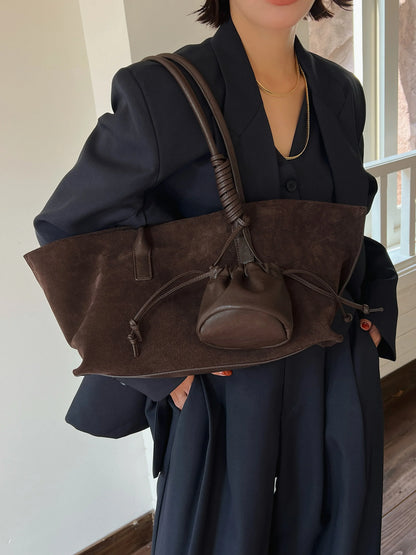 Vintage Large Capacity Suede Tote Bag Designer Trapeze Shoulder Bags for Women Luxury Genuine Leather Handbag and Purse 2026