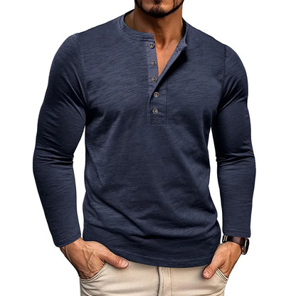 New Autumn Long Sleeve T-Shirt Mens Casual Solid Color Top Henley Neck Slim Versatile Work T-shirt Breathable Outdoor Thin Tee