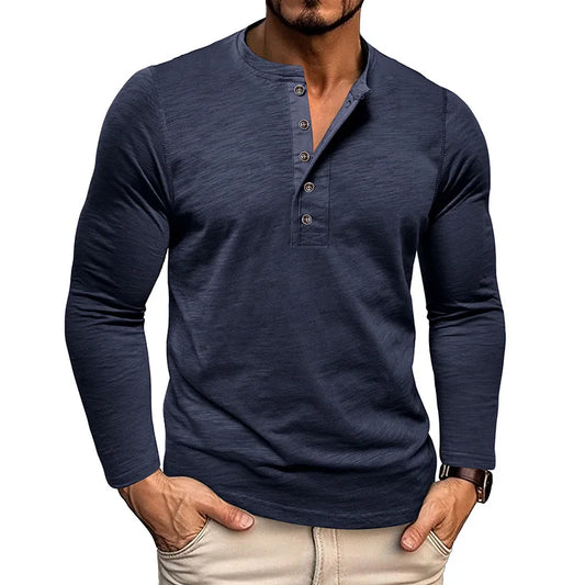 New Autumn Long Sleeve T-Shirt Mens Casual Solid Color Top Henley Neck Slim Versatile Work T-shirt Breathable Outdoor Thin Tee
