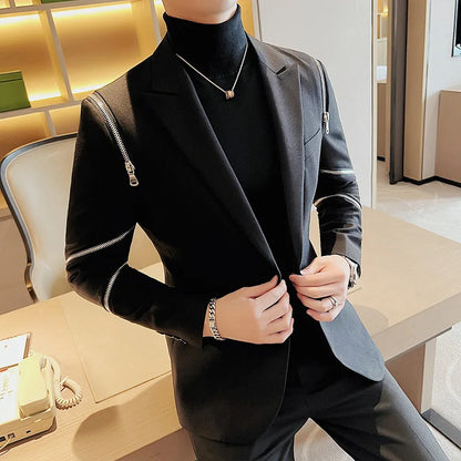 2024 Autumn New Zipper Decoration Blazer Men Casual Slim Fit Business Dress Coats Homme Formal Social Prom Tuxedo Men Clothing