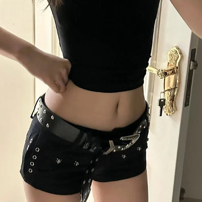 Black Sexy Low Waist Y2K Jean Shorts Woman Punk Gothic Popular Denim Super Shorts Female Korean Fashion Slin Fit Hot Short Pants