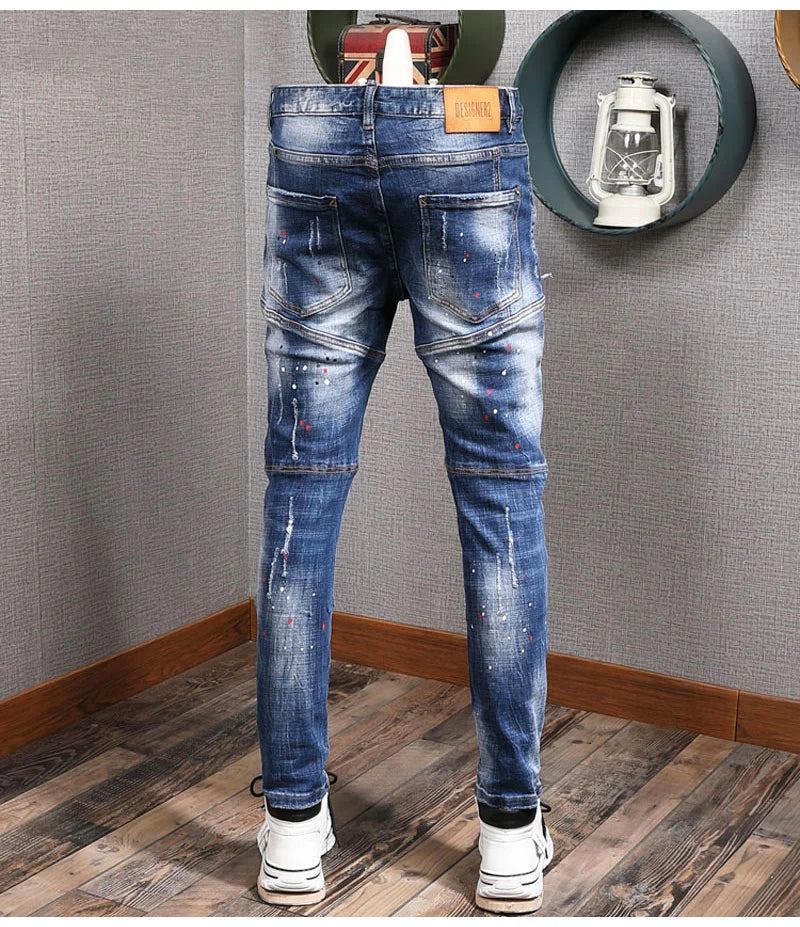Fashion Streetwear Men Jeans Retro Black Blue Elastic Slim Fit Ripped Jeans Men Spliced Designer Embroidery Hip Hop Denim Pants