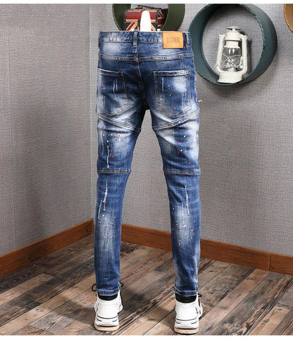 Fashion Streetwear Men Jeans Retro Black Blue Elastic Slim Fit Ripped Jeans Men Spliced Designer Embroidery Hip Hop Denim Pants