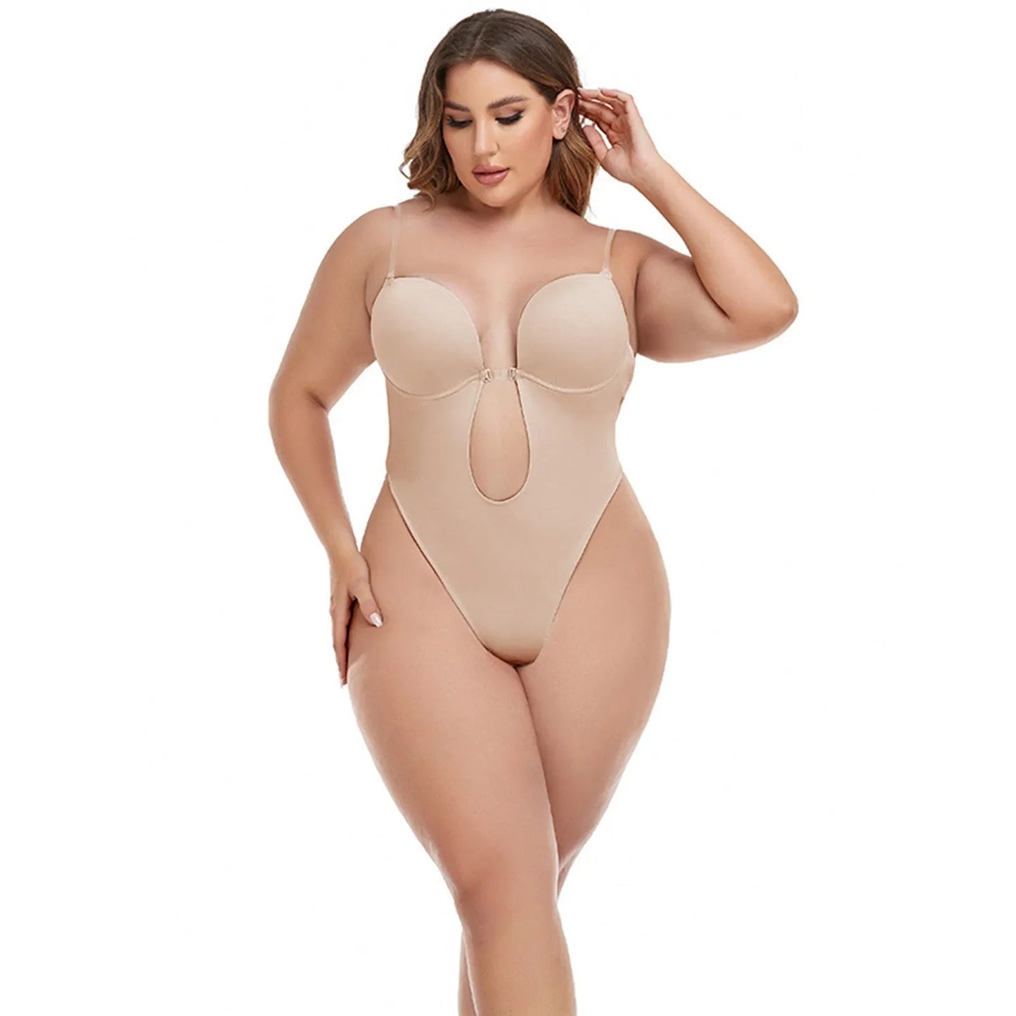 Invisible Shaper Bra Bodysuit Women Corset Backless Deep V U-Plunge Thong Waist Trainer Clear Strap Padded Push Up Shapewear