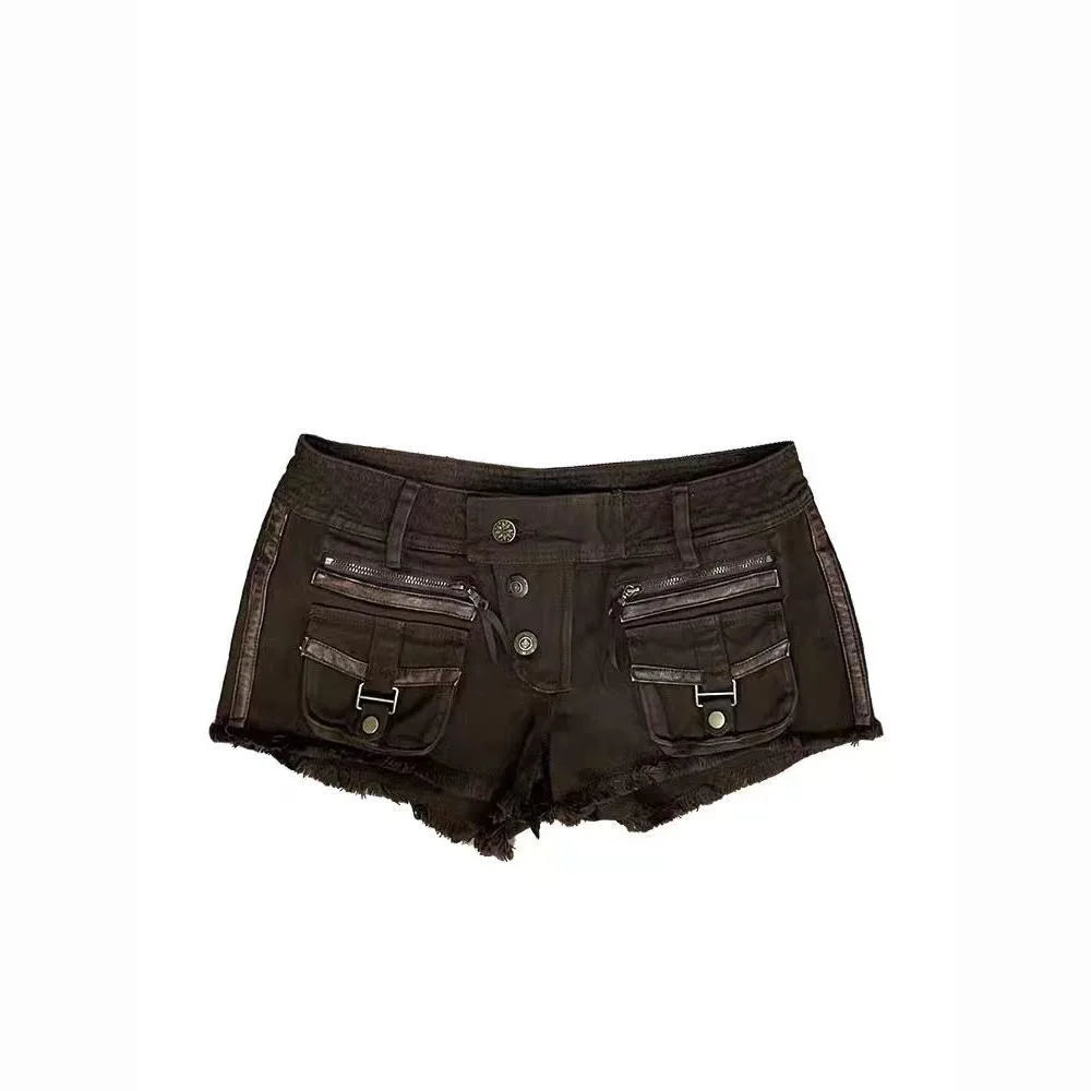 American Spice Girl Multi-Pocket Denim Shorts Women's New Low Waist Hips A-Word Y2k Hot Pants
