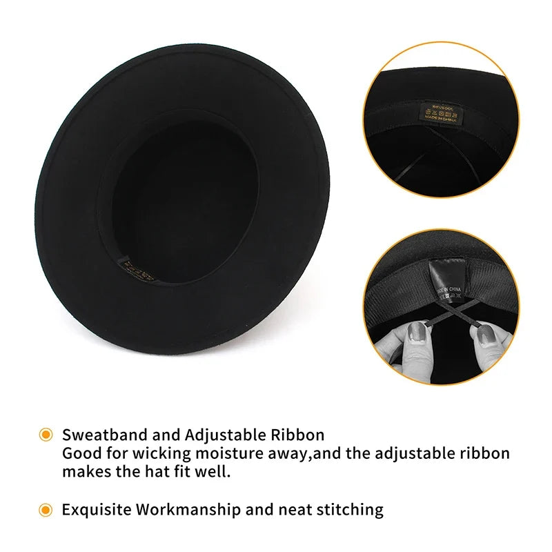 100% Wool Black Retro Felt Fedora Hats for Men Women Wide Brim Soft Church Panama Hat with Belt
