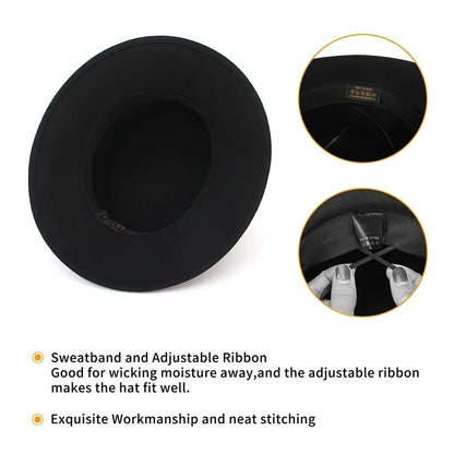100% Wool Black Retro Felt Fedora Hats for Men Women Wide Brim Soft Church Panama Hat with Belt