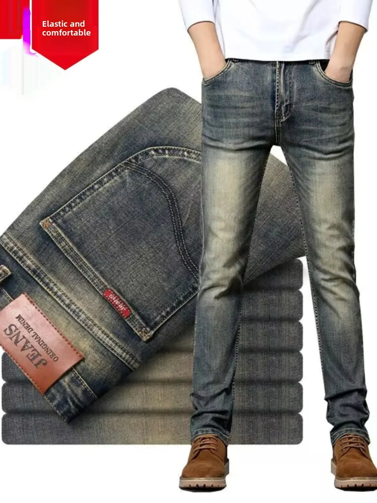 High-End Retro Men's Straight Leg Stretchy Jeans Fashionable Urban Casual Long Trousers Spring Autumn Cotton Stretch Denim