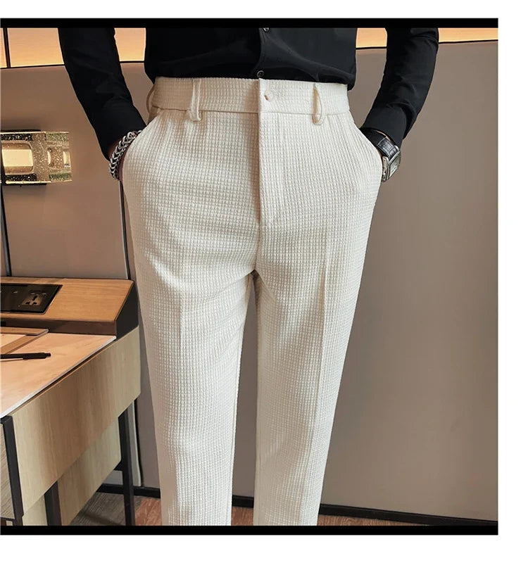Men's Waffle Casual Pants Fashion Korean Stretch Waist Business Formal Pants Mens Social Party Suit Pants Streetwear Pencil Pant