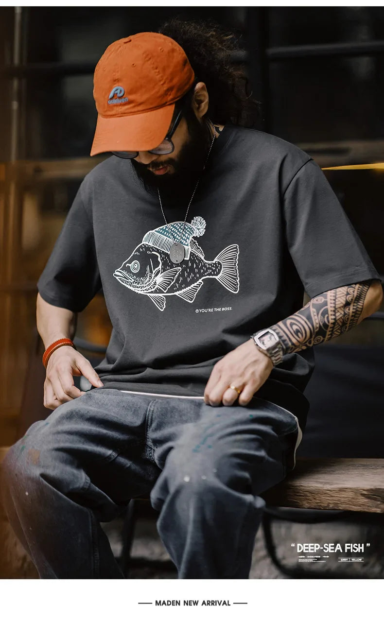 Deep-Sea Fish Printed T-shirt for Men Cotton O-Neck Short Sleeve T Shirts Creative Animal Pattern Tees Summer Casual Tops