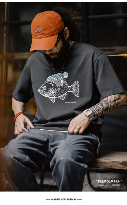 Deep-Sea Fish Printed T-shirt for Men Cotton O-Neck Short Sleeve T Shirts Creative Animal Pattern Tees Summer Casual Tops