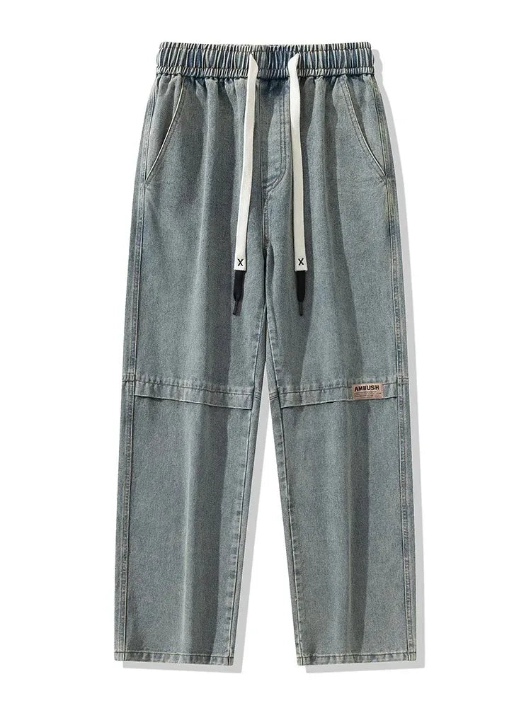 8XL New Retro Blue Men's Jeans Large Size String Banding Wide Leg Denim Pants Cotton Casual Straight Jean Trousers 6XL 7XL