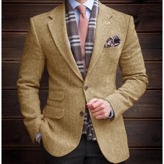 High Quality Men's Vintage Herringbone Tweed Blazer Wool Blend Single Breasted Lightweight Casual Sport Coat Formal Jacket