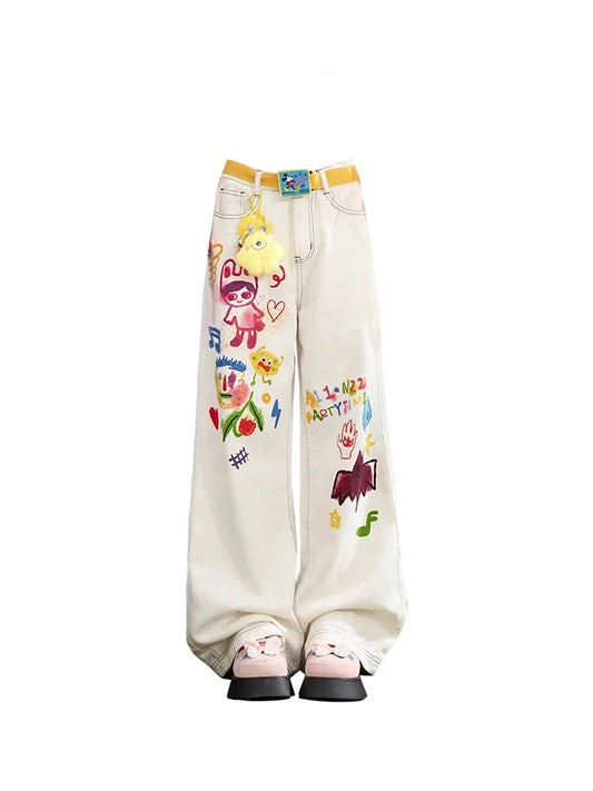 Women Wide Leg Chic Grunge Harajuku Graffiti Graphic Baggy Jeans Japanese Low Rise Y2K Streetwear Denim Pants 2000s Aesthetic