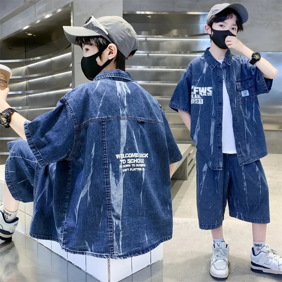Cool Summer Set for Boys Denim Top and Bottom Set Kids Child Short Sleeve Shirt And Shorts 2 Pieces Outfits Suit Age 5-14 Years