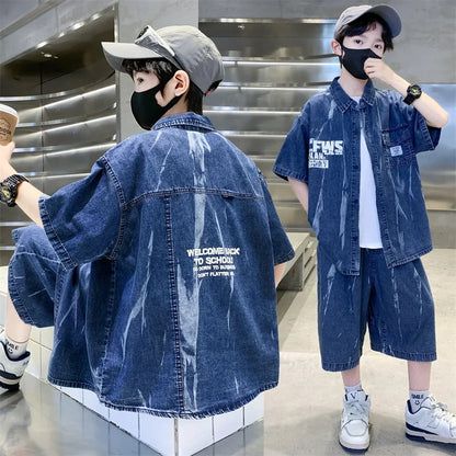 Cool Summer Set for Boys Denim Top and Bottom Set Kids Child Short Sleeve Shirt And Shorts 2 Pieces Outfits Suit Age 5-14 Years