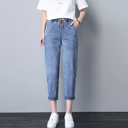 Elastic Waist Dad Harem Jeans Women's Light Blue Spring Summer New Style High Waist Wear Resistant Eighteen Inches Blue Jeans