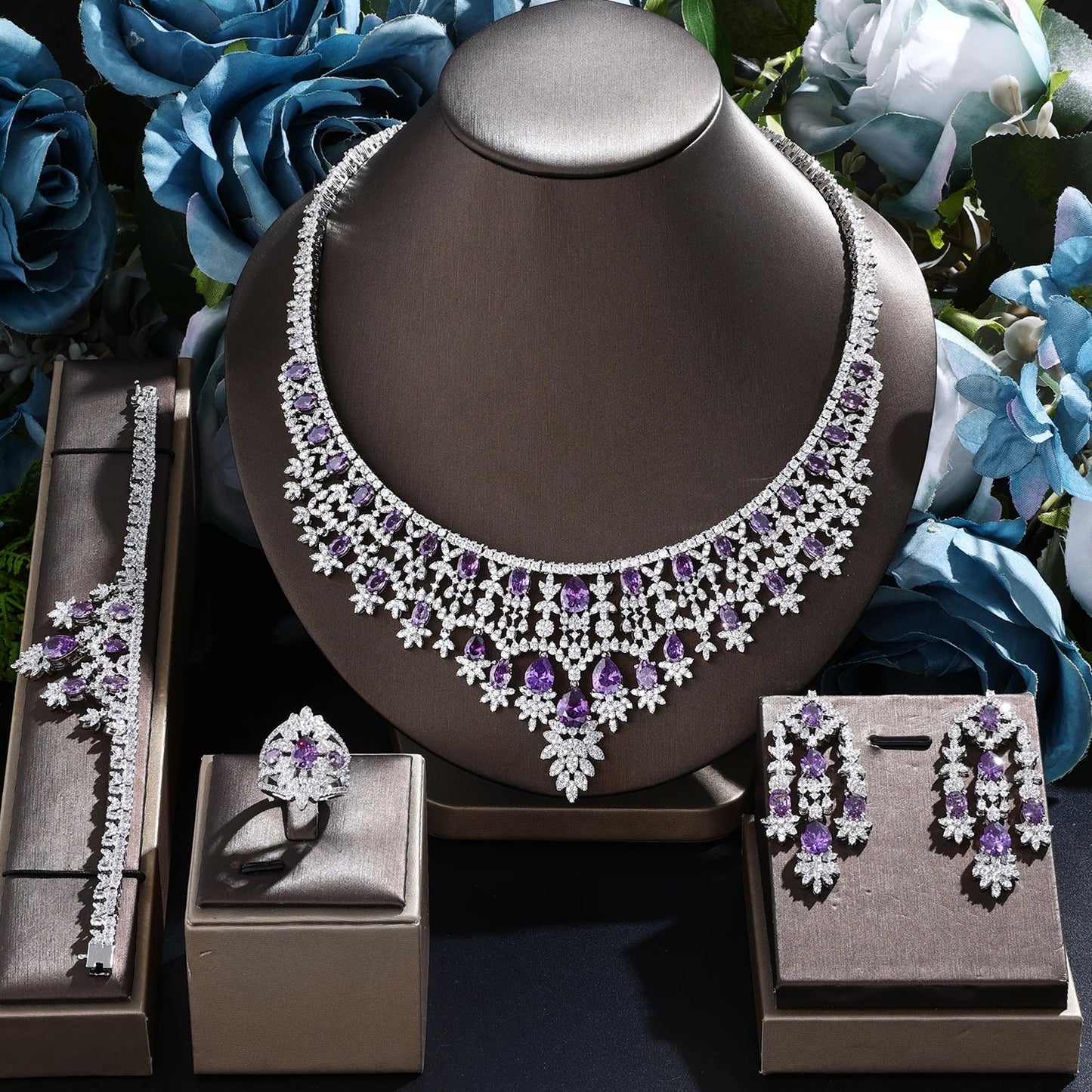 2022 New 4-piece suit Cubic Zirconia Bride Jewelry Set Women's Party, Deluxe Dubai Crystal Wedding Jewelry Set