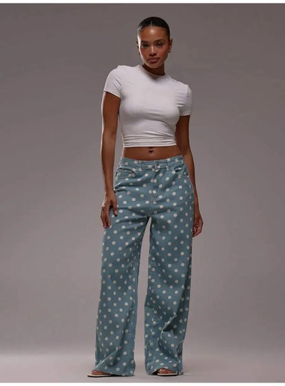 Spring Autumn High Wasit Jeans Pants Women 2026 Fashion Vintage Polka Dot Print Wide Legging Denim Trousers Bottoms Casual