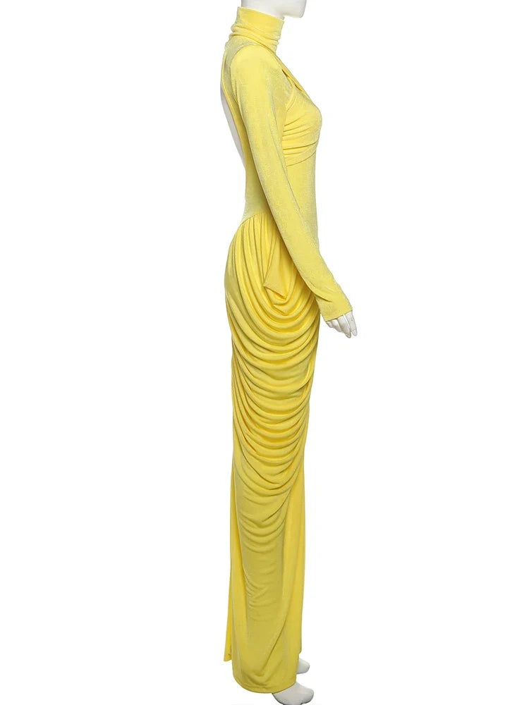 Autumn New Style Maxi Dress Women Turtleneck Full Sleeve Backless Skinny Stretch  Prom Party Ruched Elegant Vestidos