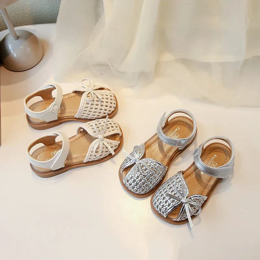 Girls Princess Shoes Weave Breathable Kids Beach Shoes with Simple Bows 2025 Summer New Children Sandals Soild Color Non-slip