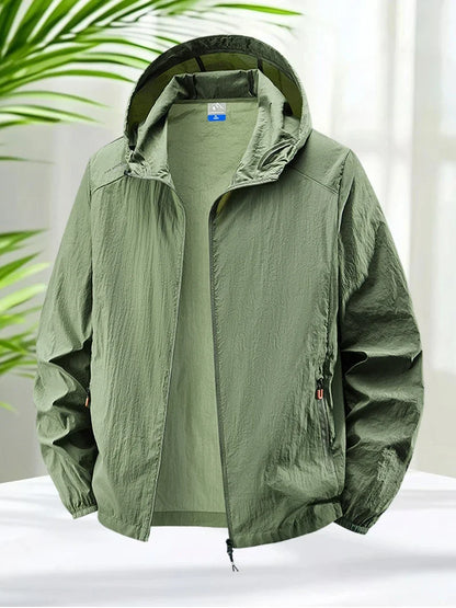 Men's Hooded Sun Protection Jacket Lightweight Outdoor Windbreaker Quick Dry Breathable UV Coat for Hiking Running Travel Beach