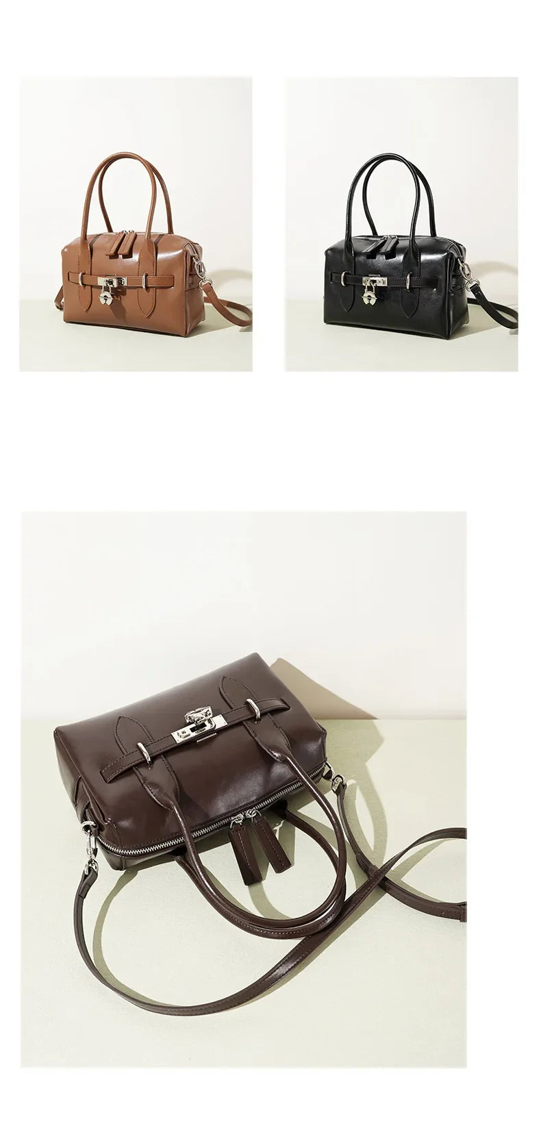 2025 Fall Winter New Top Grain Leather Spacious Boston Bag Lock Design Single Shoulder Crossbody Pack Women Commuting Handbag