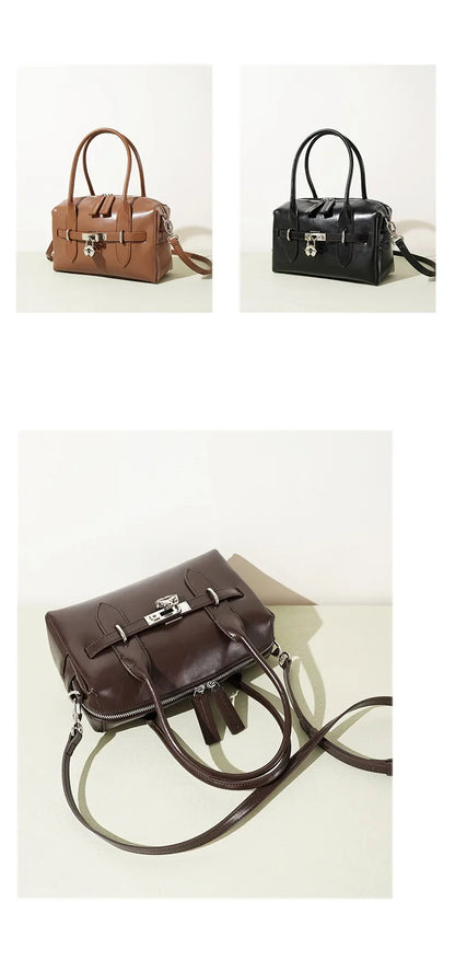 2025 Fall Winter New Top Grain Leather Spacious Boston Bag Lock Design Single Shoulder Crossbody Pack Women Commuting Handbag