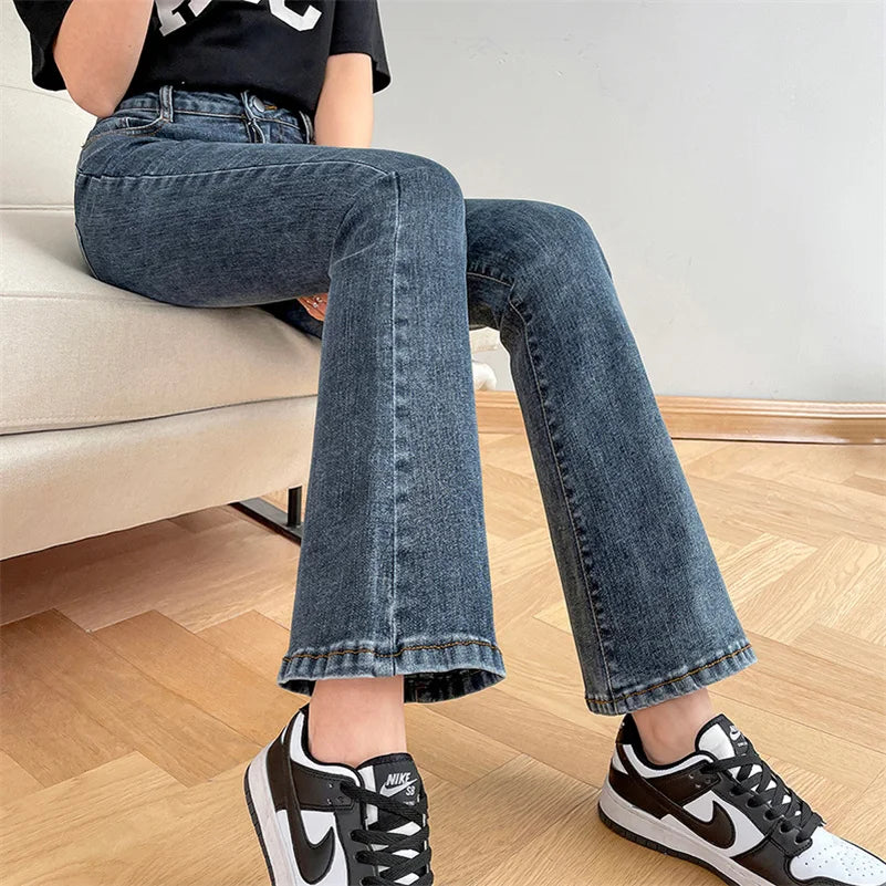 Women Fashion Flare Jeans Winter Streetwear Y2K Straight Pants Ankle Length Denim Jeans Girls Party Casual Retro Blue Trousers
