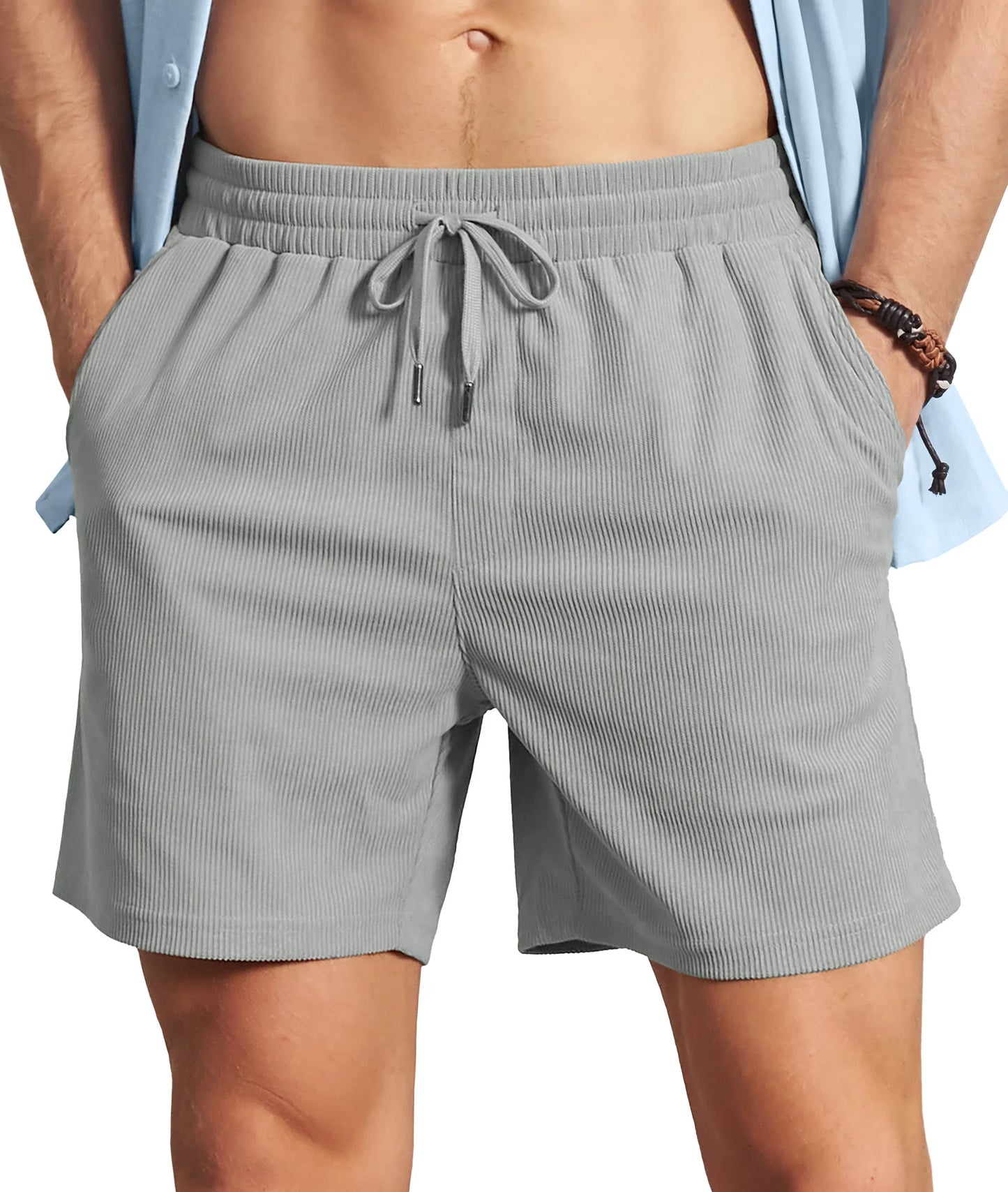 Men's Corduroy Texture Casual Shorts 6" Inseam for Summer Beach Vacation Elastic Waist Drawstring Lightweight Pockets
